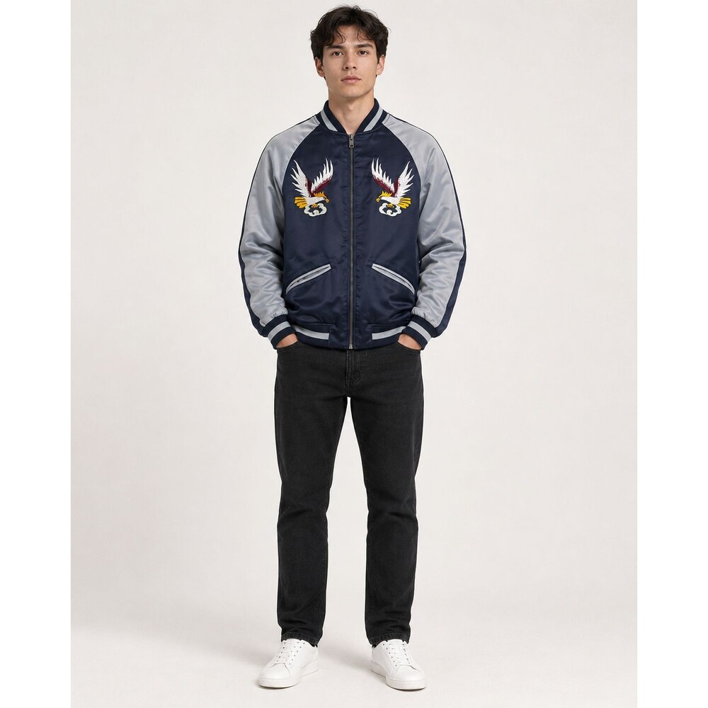 NWT Express Eagle Embroidered Satin Bomber Jacket Navy Gray Men’s S/P